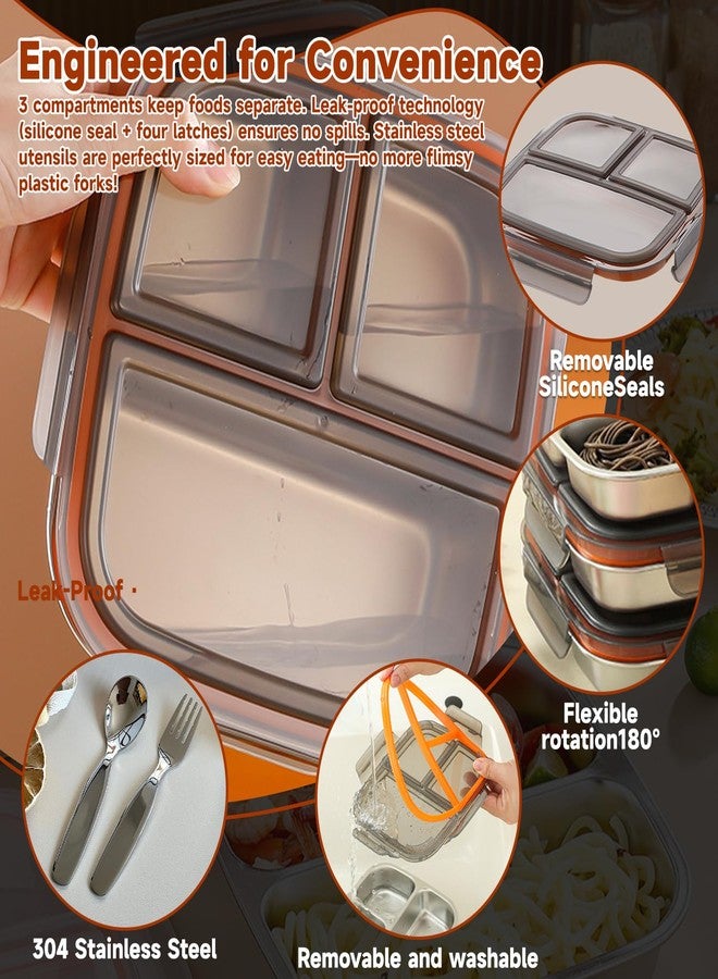 GUDGI Stainless Steel snack Containers with lids & Spoon Fork & Insulated Bag, Leak-Proof 3 Compartment Food Containers , Food-Grade 304 Stainless Steel, Ideal for Home, Office & Travel (Transparent black) - Image 3